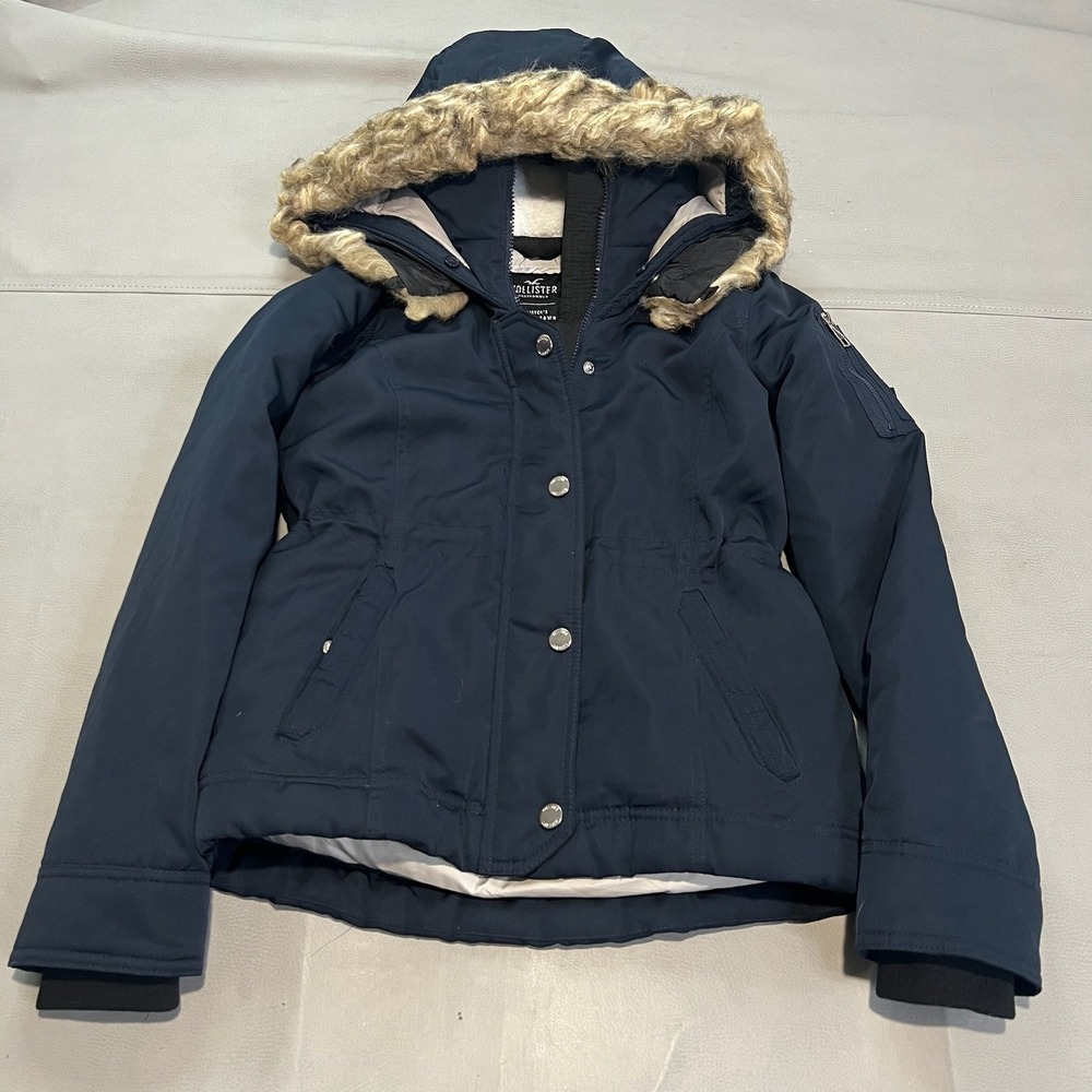 Hollister Ultimate Down Women Navy Blue Puffer‎ Jacket Faux Fur Hood XS Y2K-XXXX